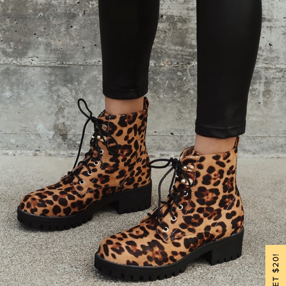 Lulus Devyn Leopard Print Lace-Up Ankle Boots Nwot - image 1